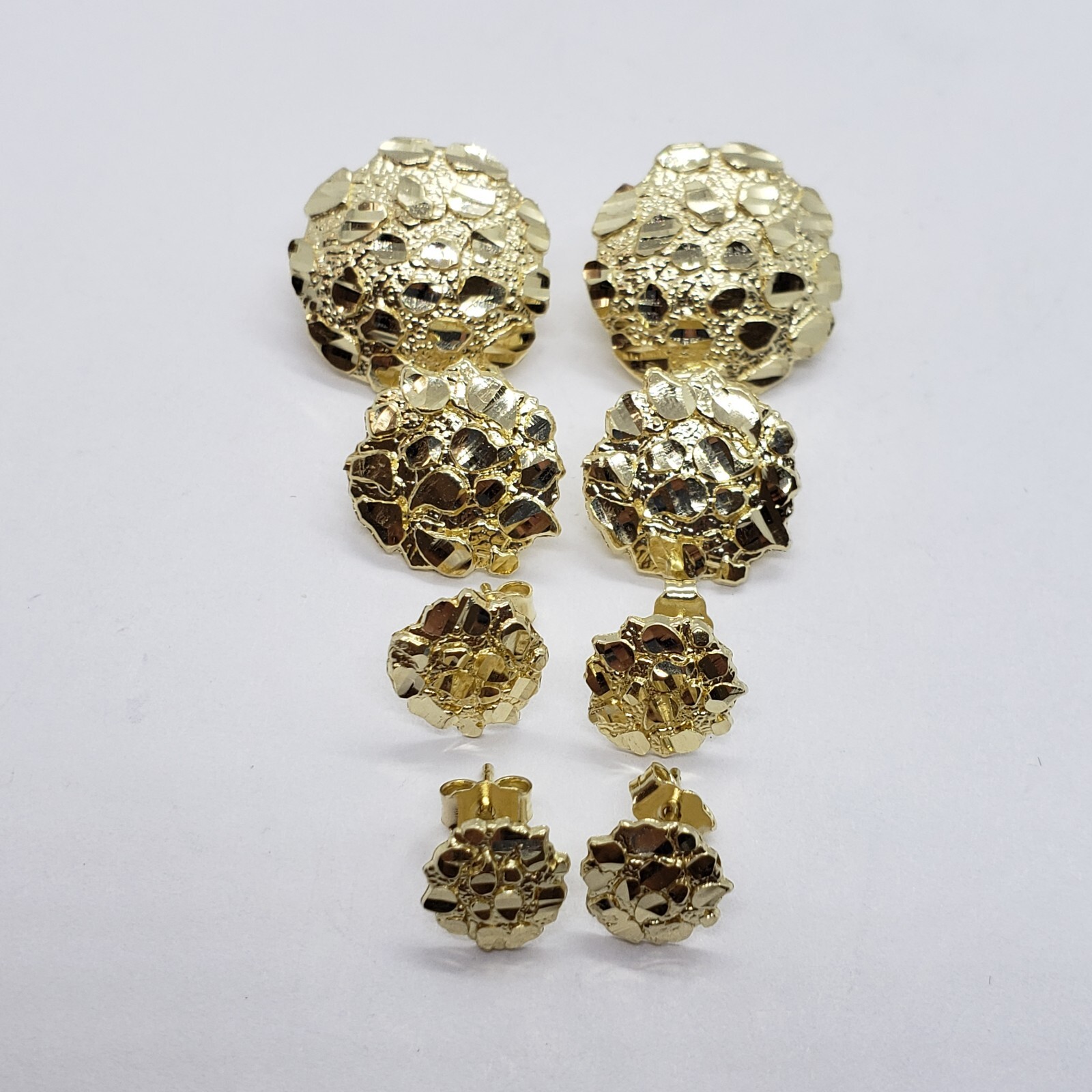 10K Gold Authentic Nugget Round Diamond Cut Stud Earrings for Men Women 4 Sizes