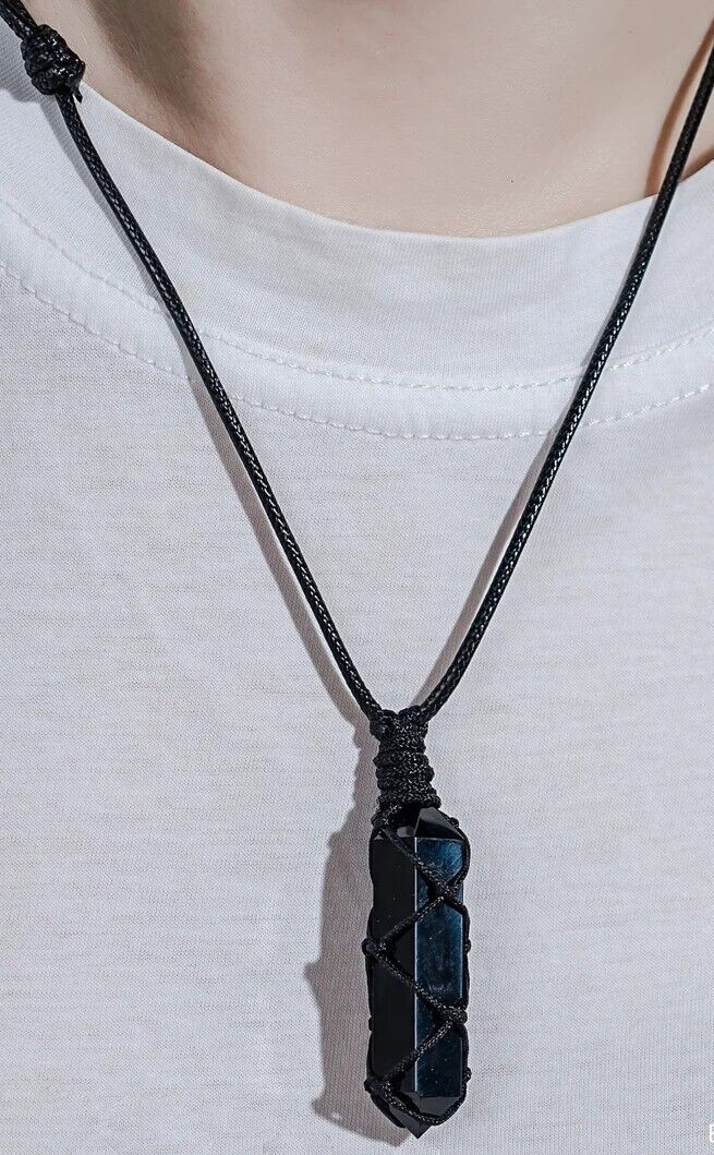 Black Obsidian Hexagonal Healing Reiki Point Wrapped Pendant Men Women Necklace