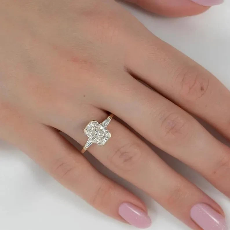 3CT Radiant Moissanite Half Bezel Engagement Ring In 14k Yellow Gold Plated