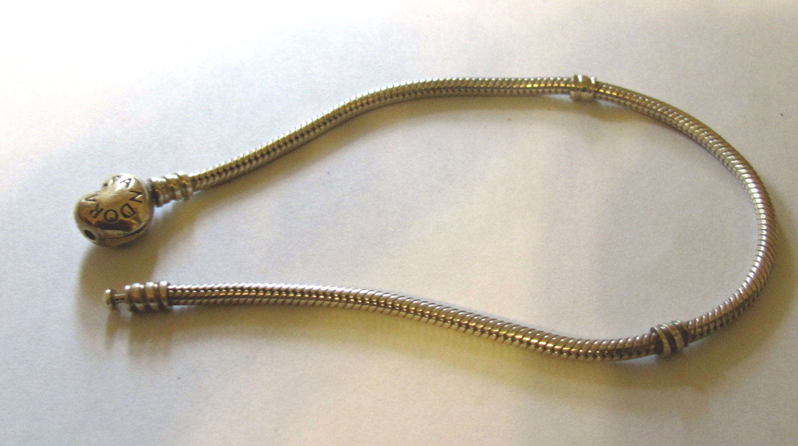 Pandora Sterling Silver Heart Clasp Snake Chain Bracelet #590719 Long 7.9 inches