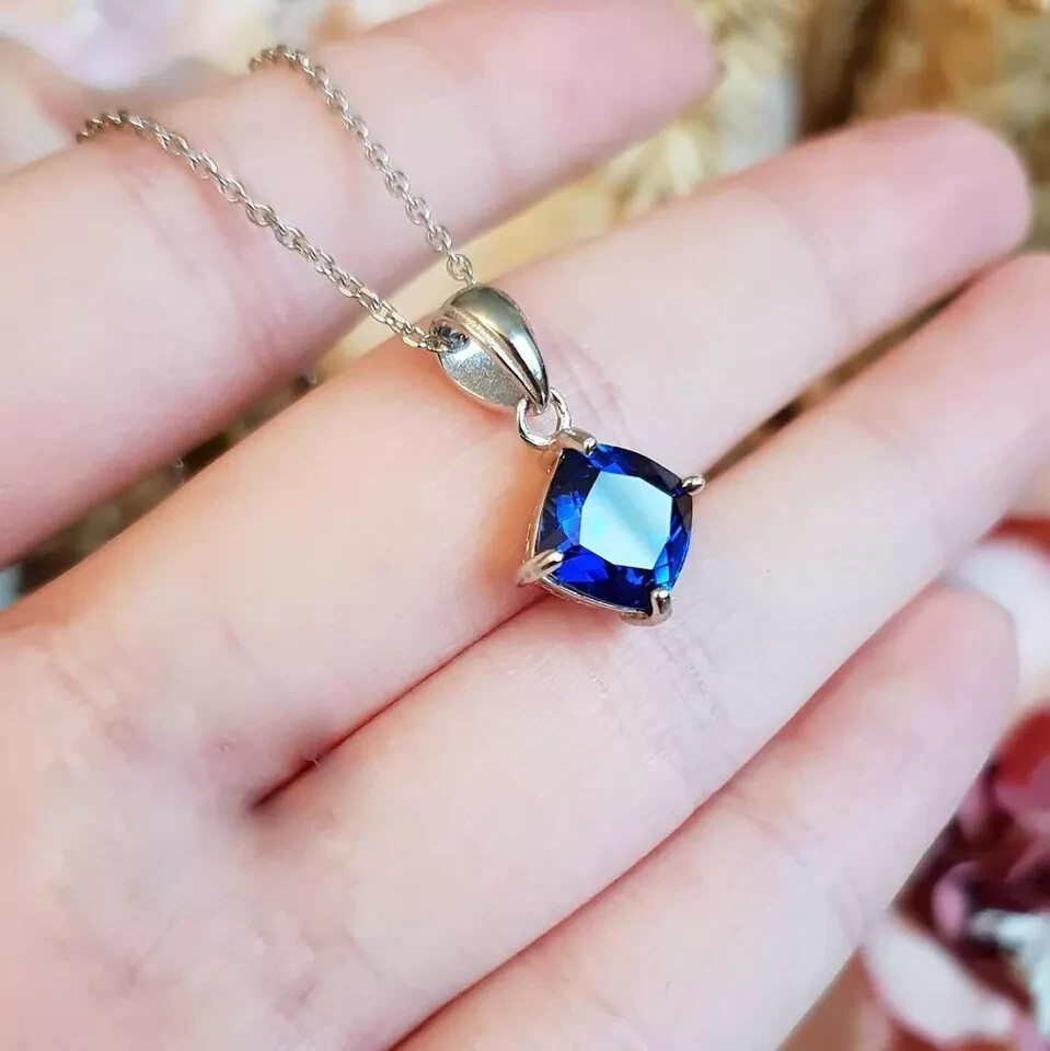 2 CT Cushion Solitaire Blue Sapphire Pendant With Free Chain 14K White Gold FN
