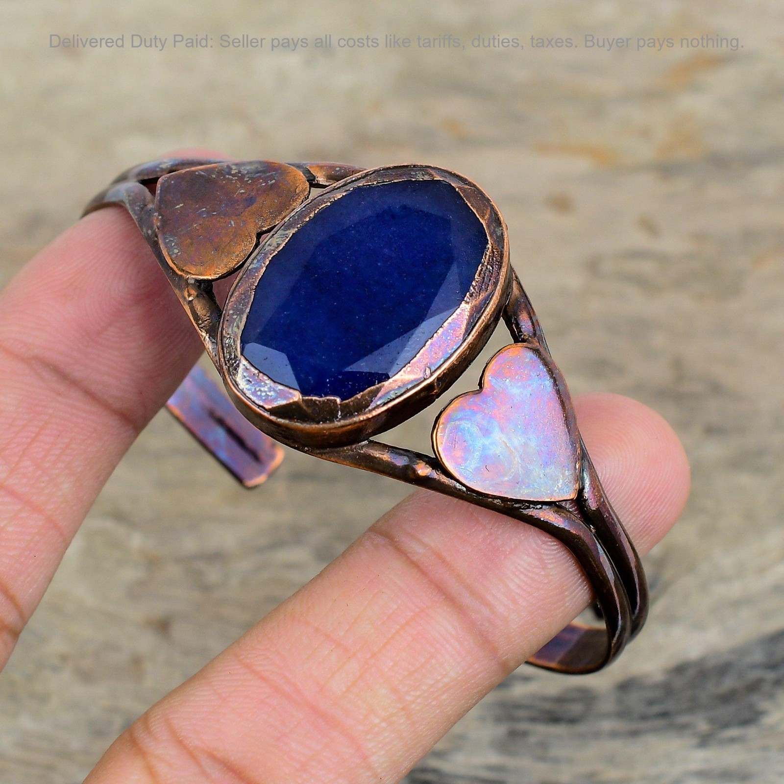 Copper Blue Saphire Gemstone New Electroformed Heart Bezel Mother Bangle Jewelry
