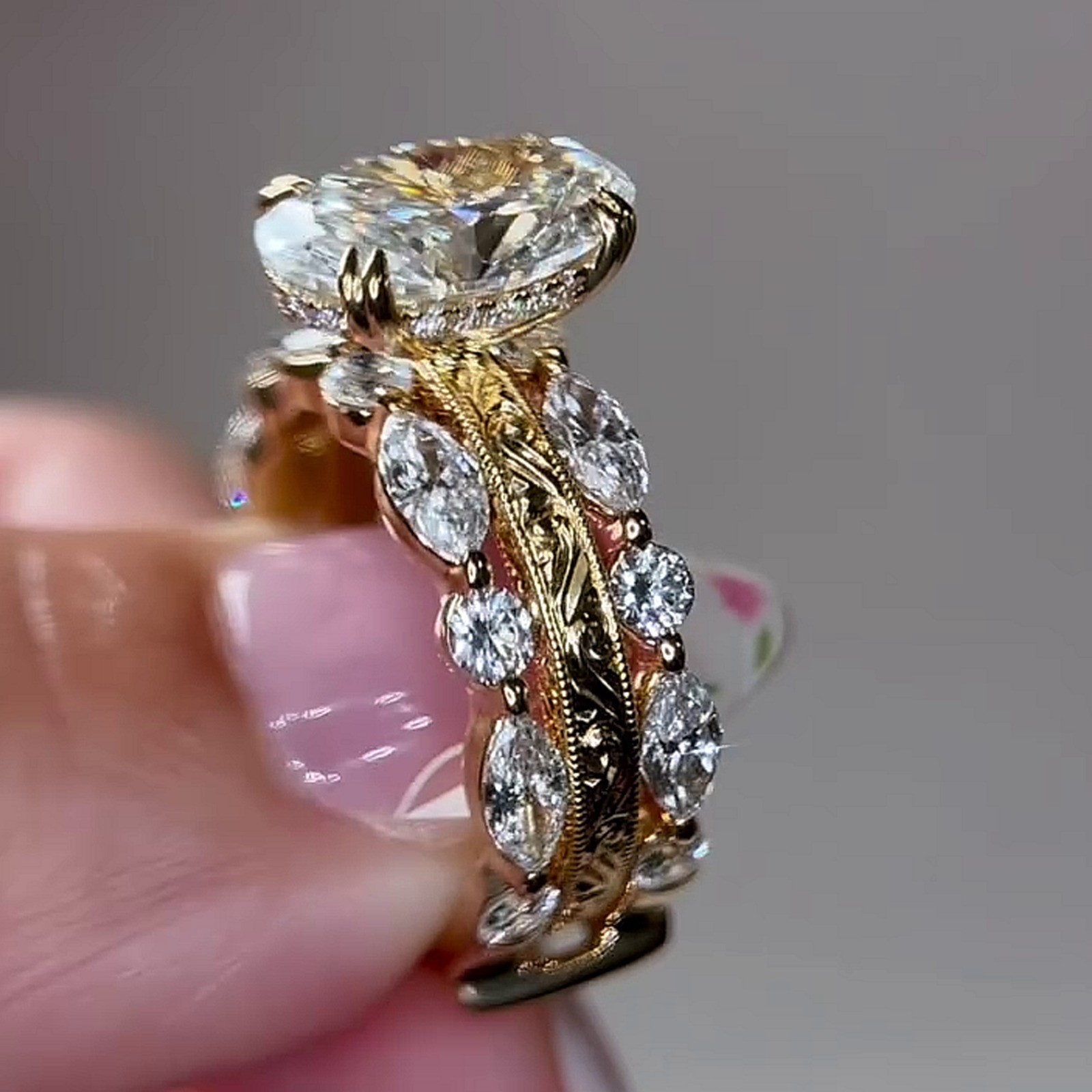 5.29CTW Oval Cut Moissanite Enhance Set Engagement Ring 14K Yellow Gold Plated