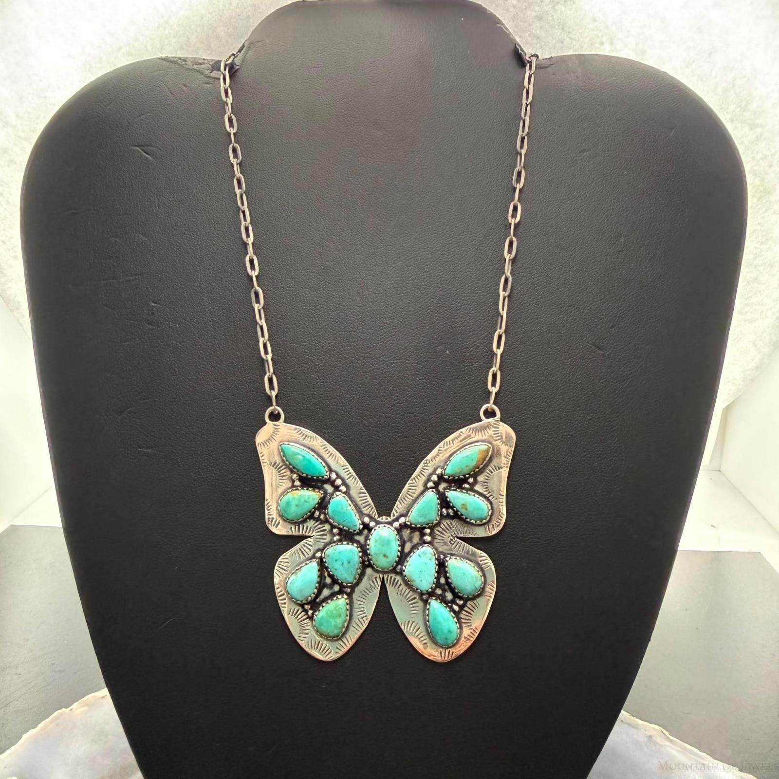 Sterling Southwestern Style Kingman Turquoise Butterfly Pendant 20″ Necklace