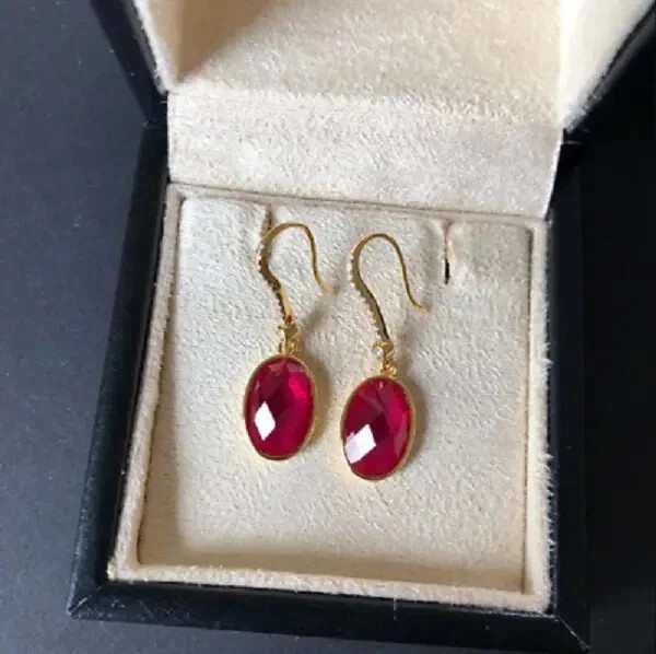 3.Ct Oval Cut Lab Created Red Ruby Drop & Dangle Earrings 14K Yellow Gold Plated