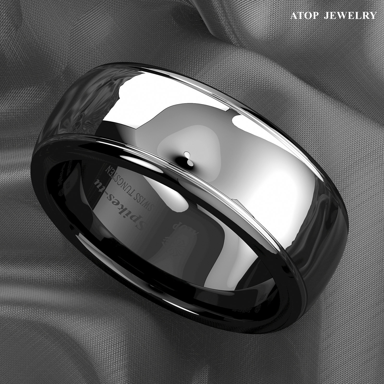 8/6mm Dome Black Silver Center Tungsten Carbide Ring ATOP Wedding Band Bridal