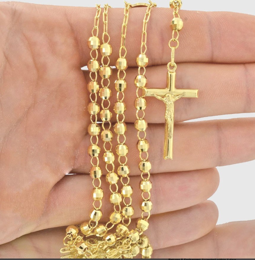 24″ 5mm Diamond Cut Rosary Crucifix Chain Necklace 14K Yellow Gold Plated Silver