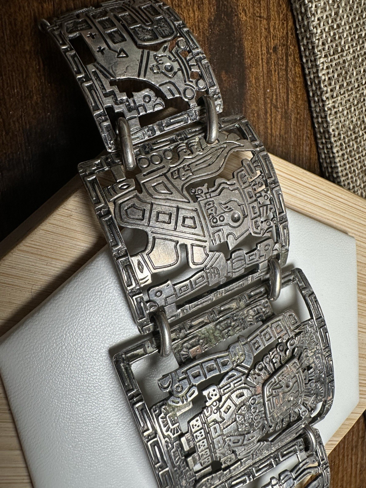 Vintage 900 Silver Panel Bracelet Peru Peruvian lnca 41 Grams 6.5 In