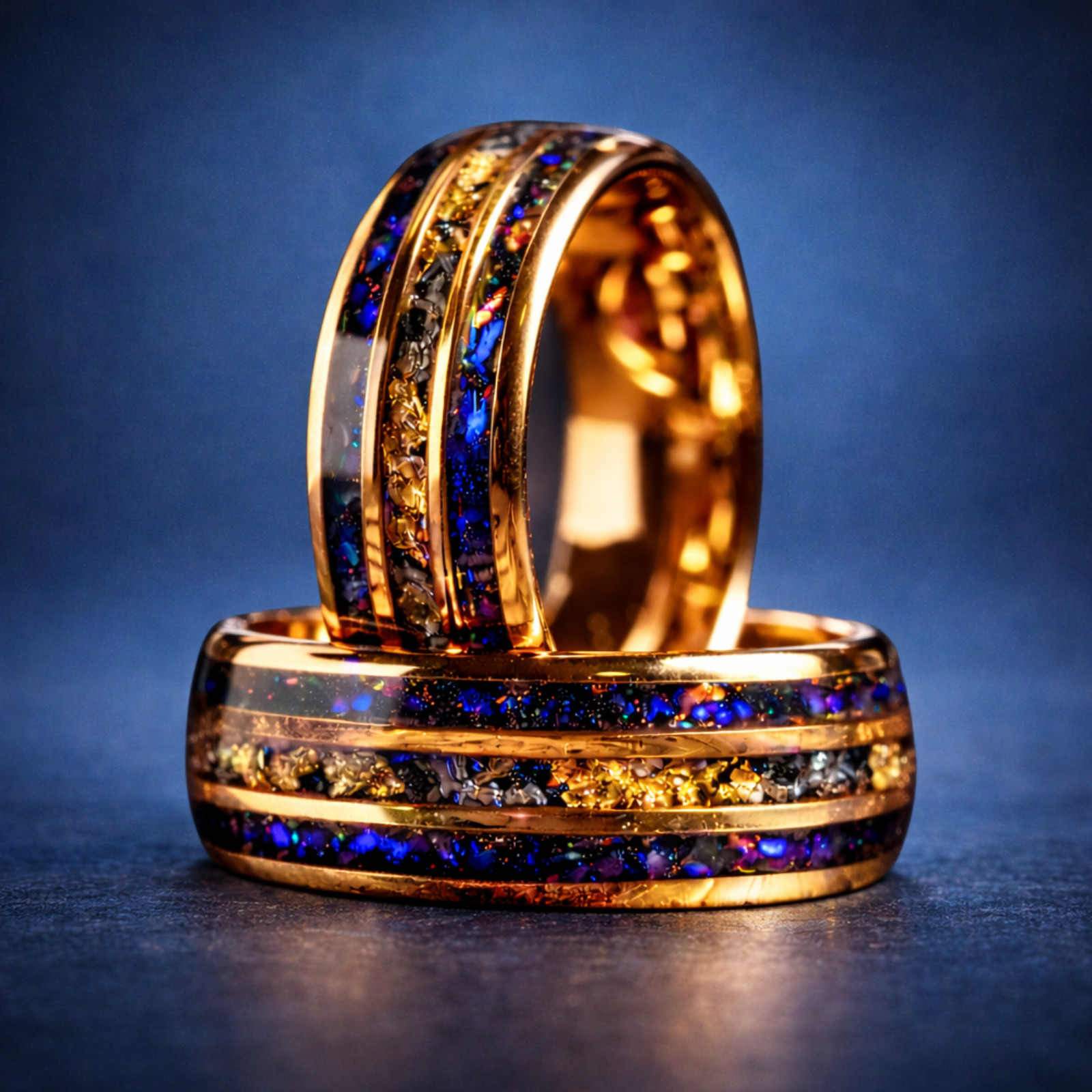 Rose Gold Tungsten Meteorite Men’s Wedding Ring – Crushed Gold Leaf & Blue Sands