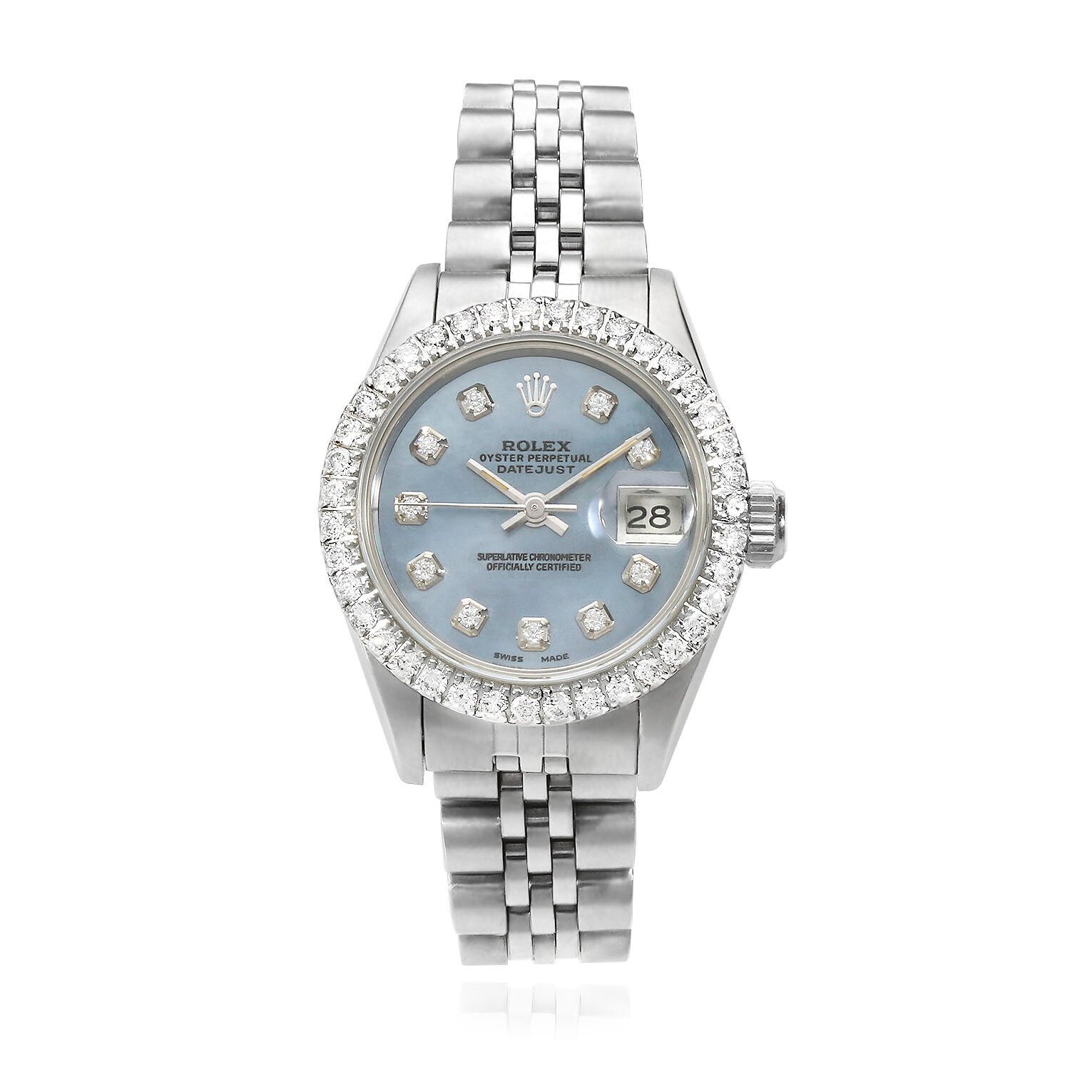 Rolex Datejust Custom Blue MOP Diamond Dial Bezel Jubilee Band 26mm Watch