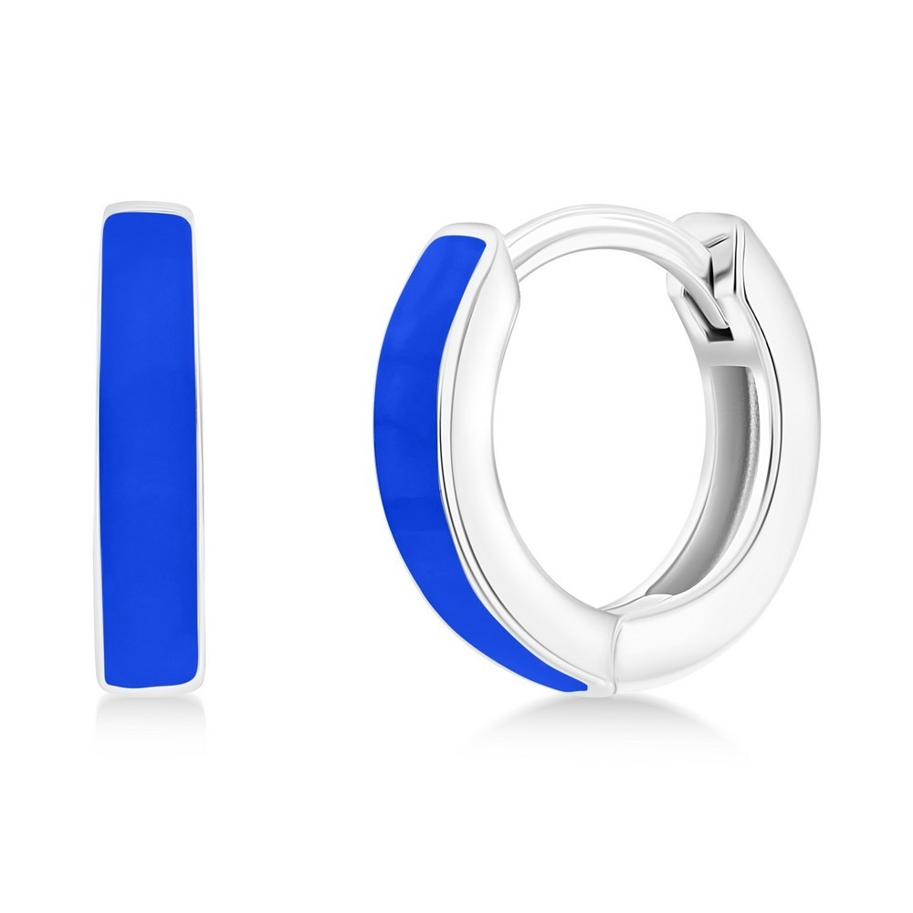 Sterling Silver Rhodium Plated 11mm Dark Blue Enamel Huggies / Hoop Earrings
