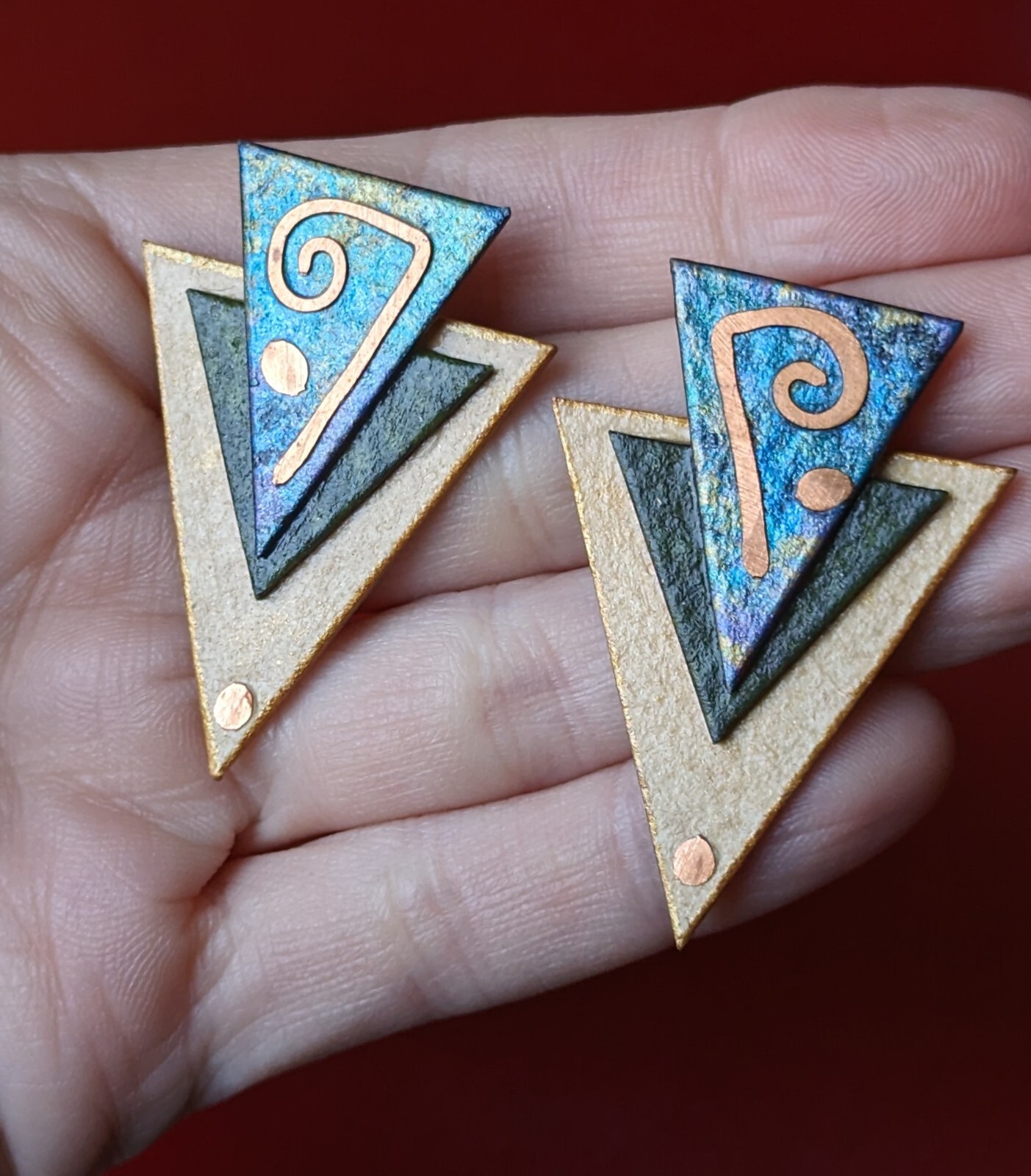 Artisan 3pc SET Gold Blue Green Paper Triangle Brooch & Earrings Modern Abstract