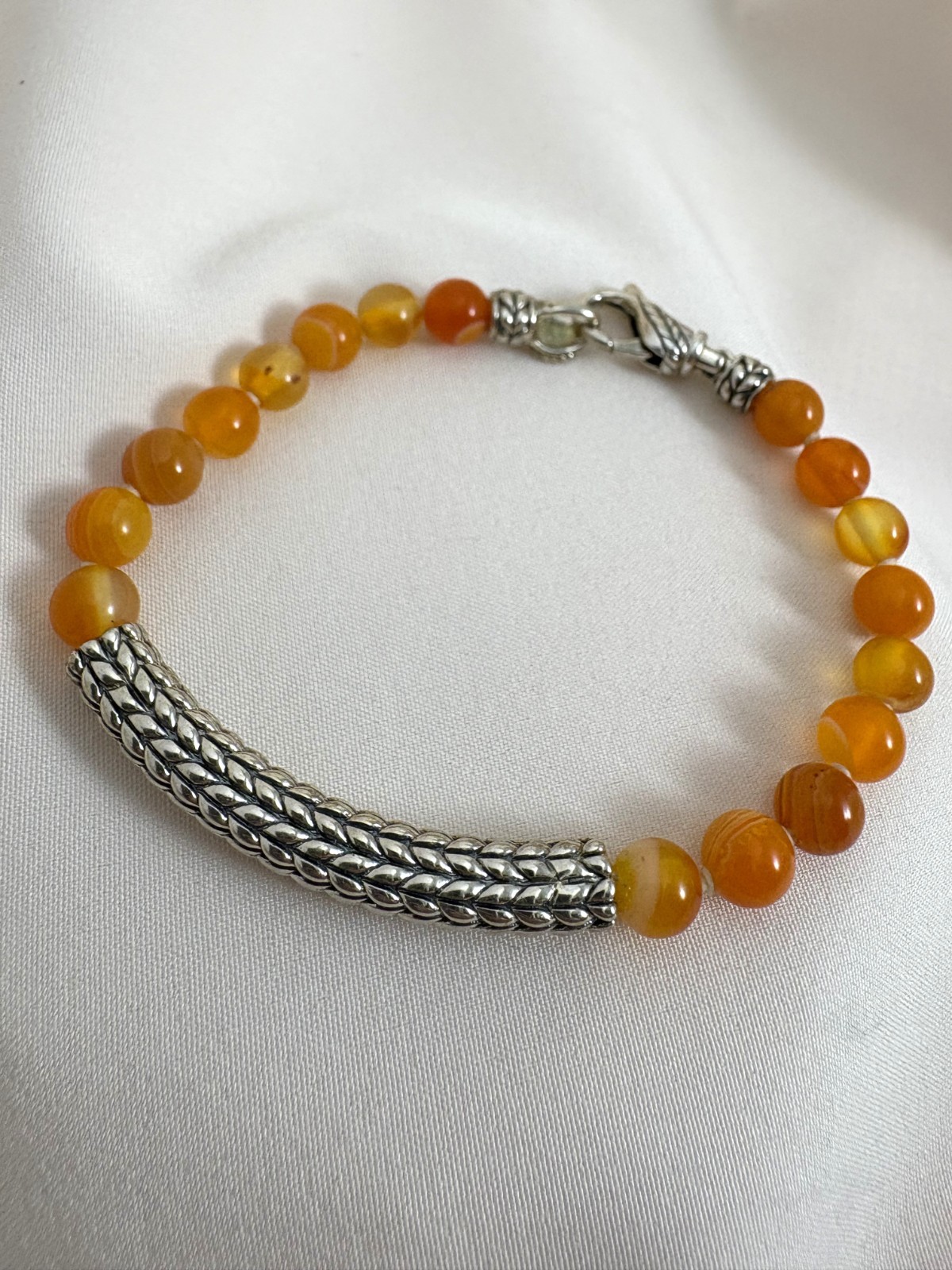 JAI Sterling Silver Orange Agate Bead Bracelet 7″ Long Size X-Small