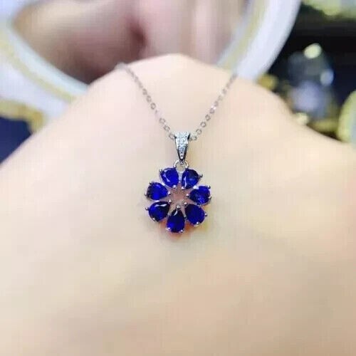 2Ct Pear Cut Simulated Blue Sapphire Flower Shape Pendant 14k White Gold Plated