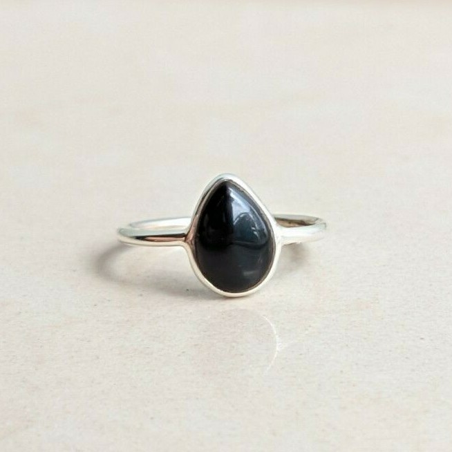 Handmade Black Onyx Ring 925 Silver Natural pear gemstone Stacking Women Rings