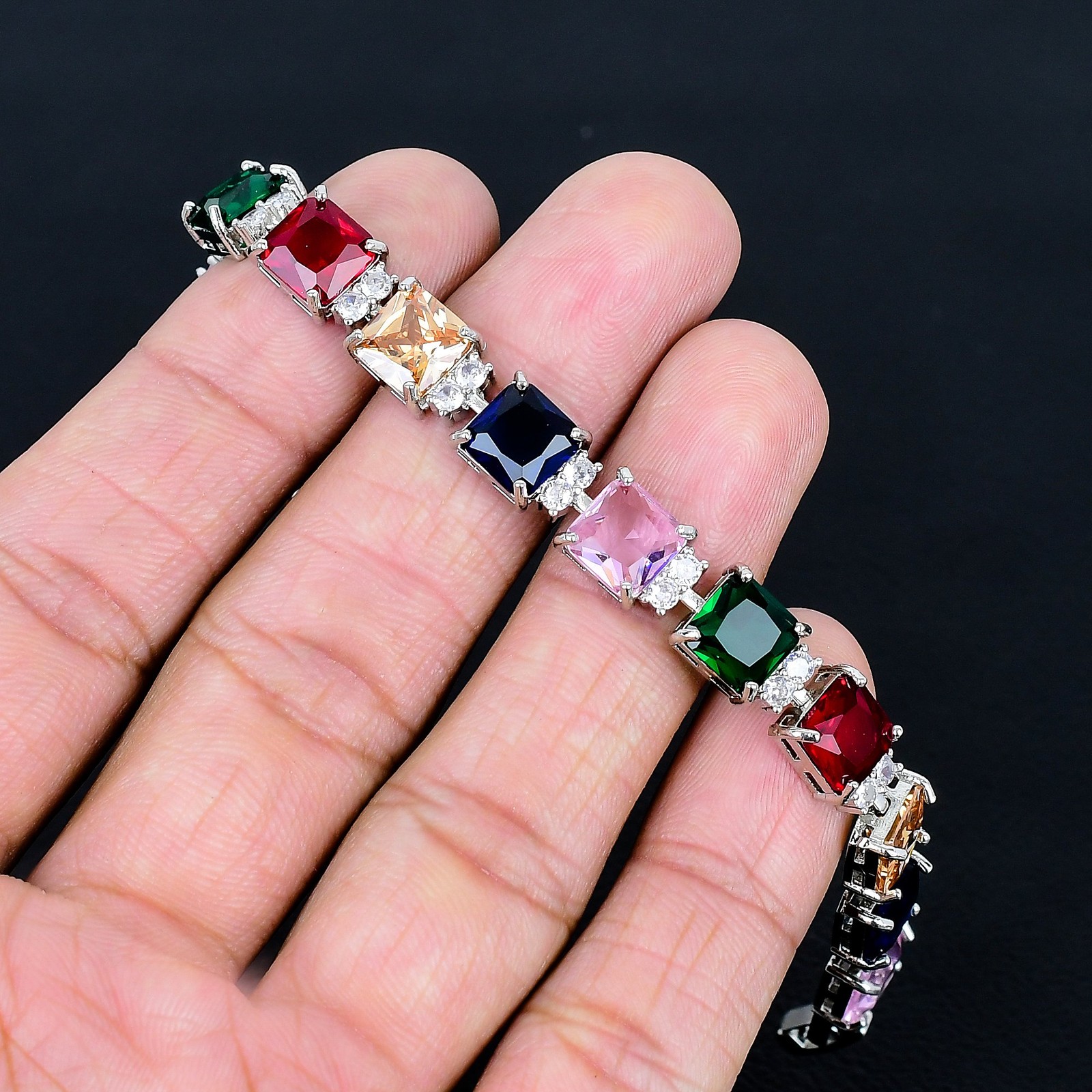 Faceted Multi Cut Stone Handmade 925 Sterling Silver Jewelry CZ Bracelet 7″ t255