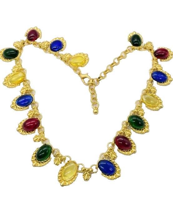 Gripoix Style Necklace Red Yellow Blue Green Matte Gold Tone Poured Resin 17 in