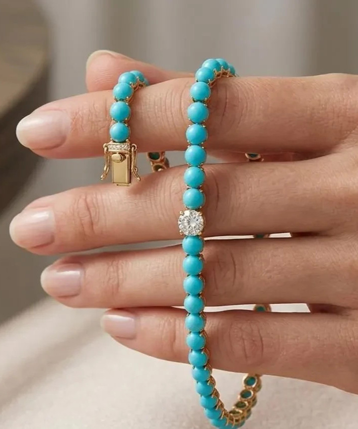 14K Yellow Gold Plated Genuine Turquoise & Moissanite Women’s Tennis Bracelet 7″