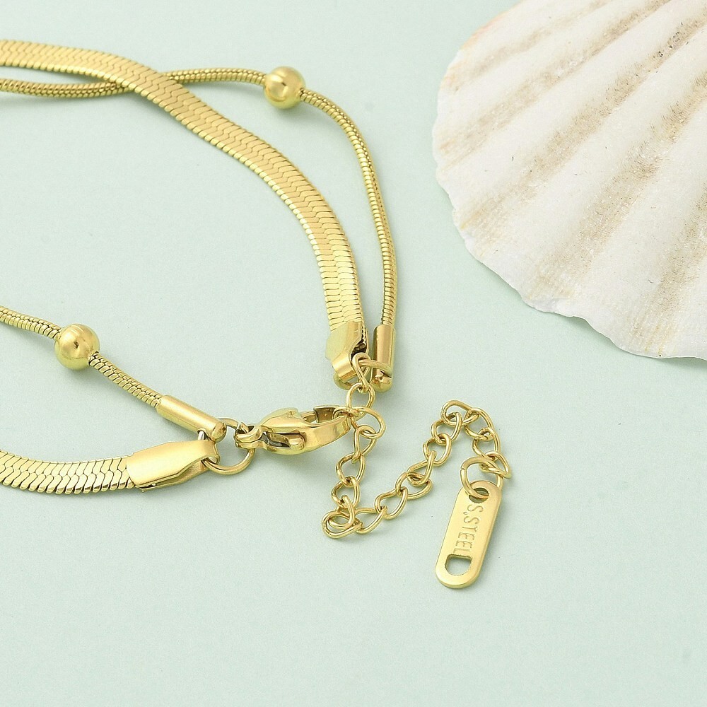 14K Gold Plated Stainless Steel Herringbone Snake Bracelet Bead Adjustable T34