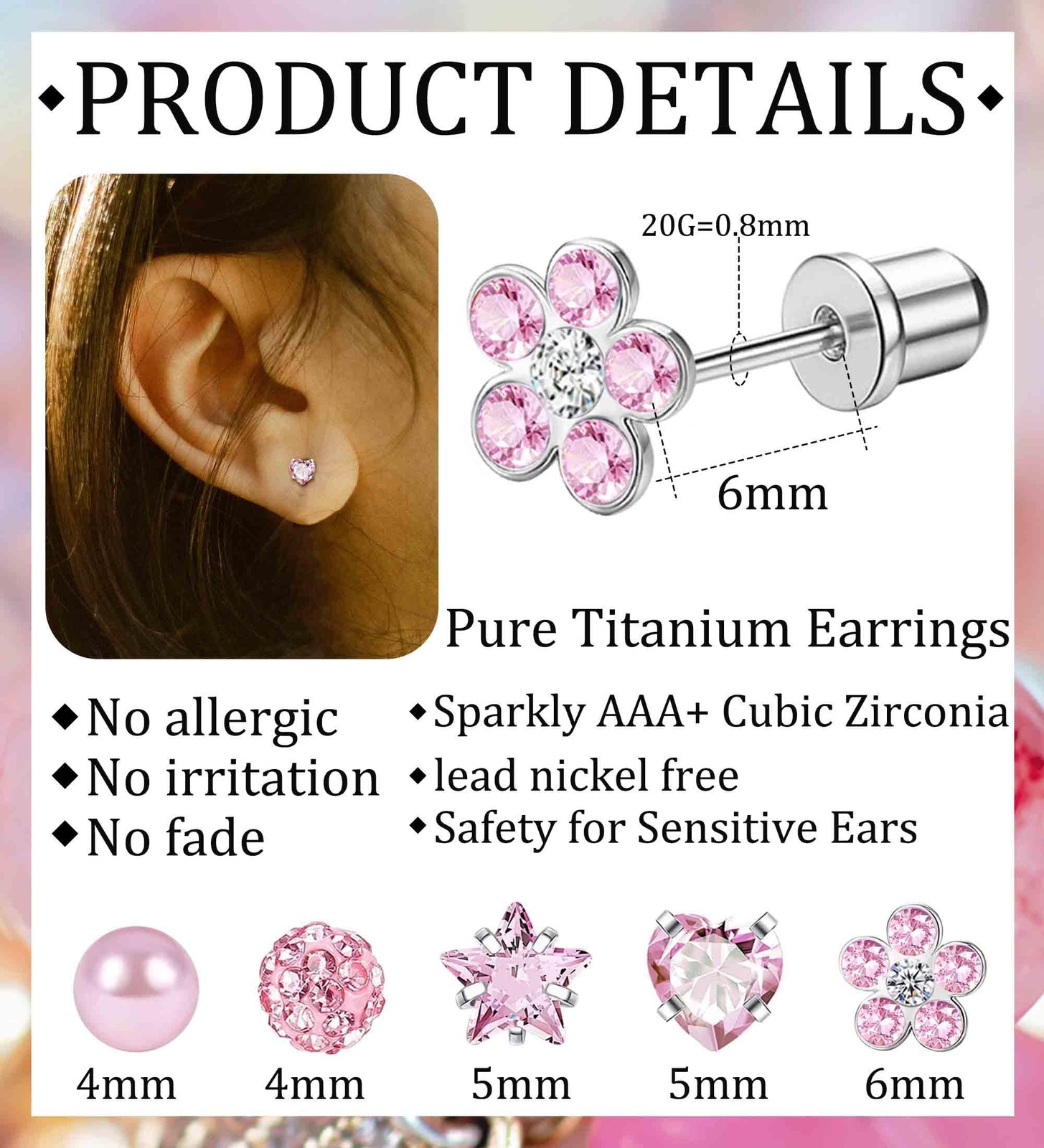 MJust 5 Pairs G23 Titanium Earrings for Women, 20g (0.8mm) x 6mm, Pinky