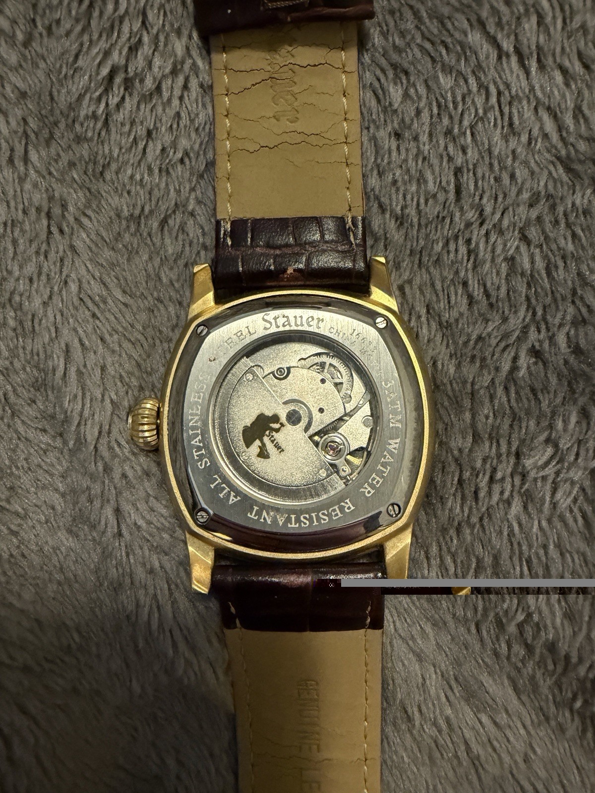 Stauer 1930 Automatic 21 Jewel 38mm Cushion Gold Case Brown Leather Strap
