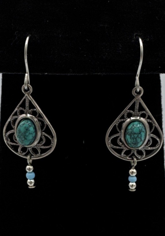 Silver Forest Turquoise Teardrop Dangle Earrings Surgical Steel Earwire Made USA