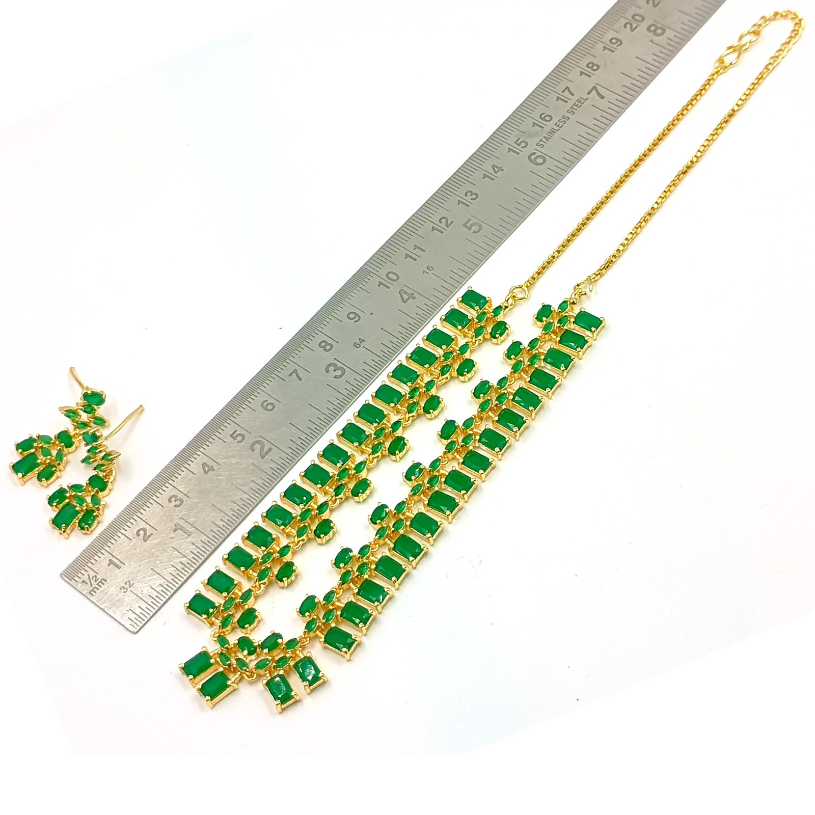 22K Gold Plated South Indian Emerald Necklace Ethnic Bridal Jewelry Set