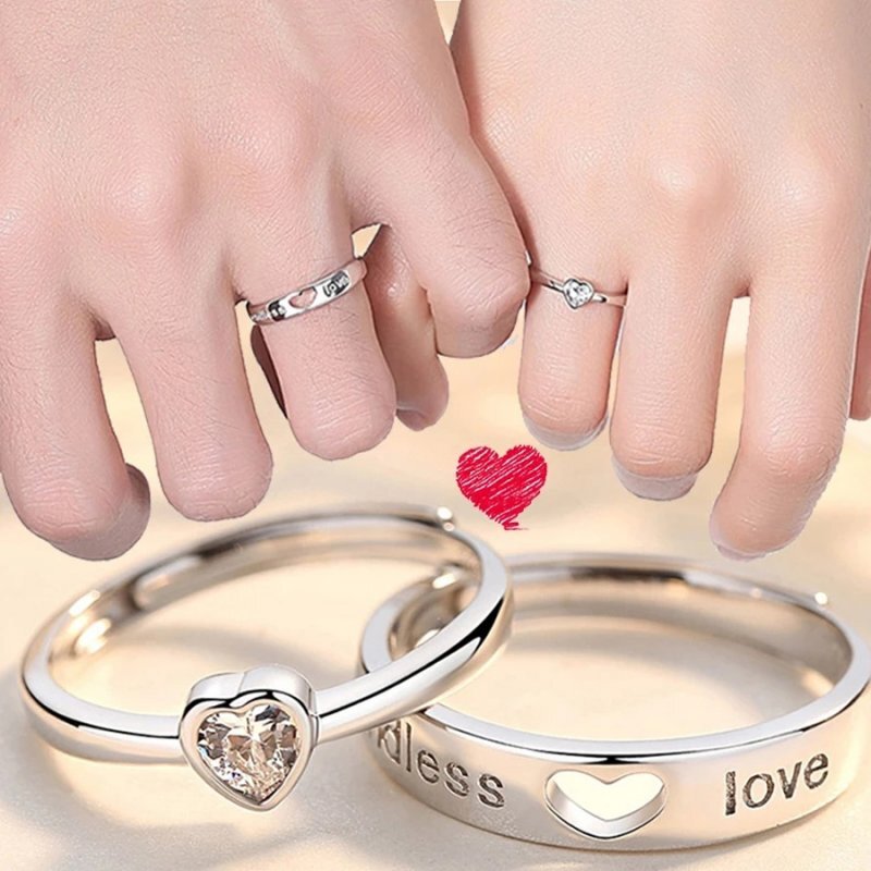 2pcs/set 925 Silver Zircon Promise Ring Couple Adjustable Letters Women Men Gift