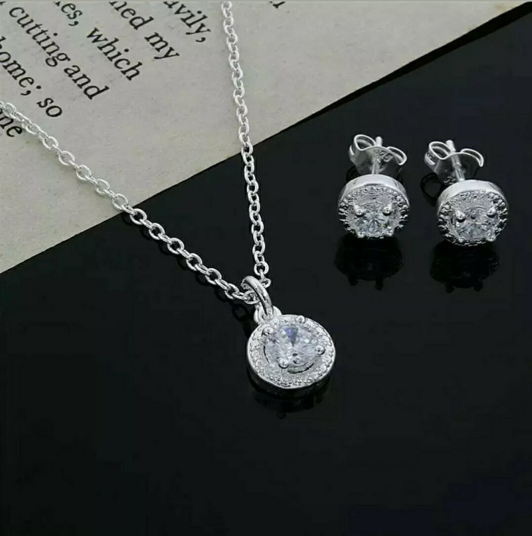 925 Cute Silver Crystal Wedding Solid Necklace Earring Jewelry Set Charm Women
