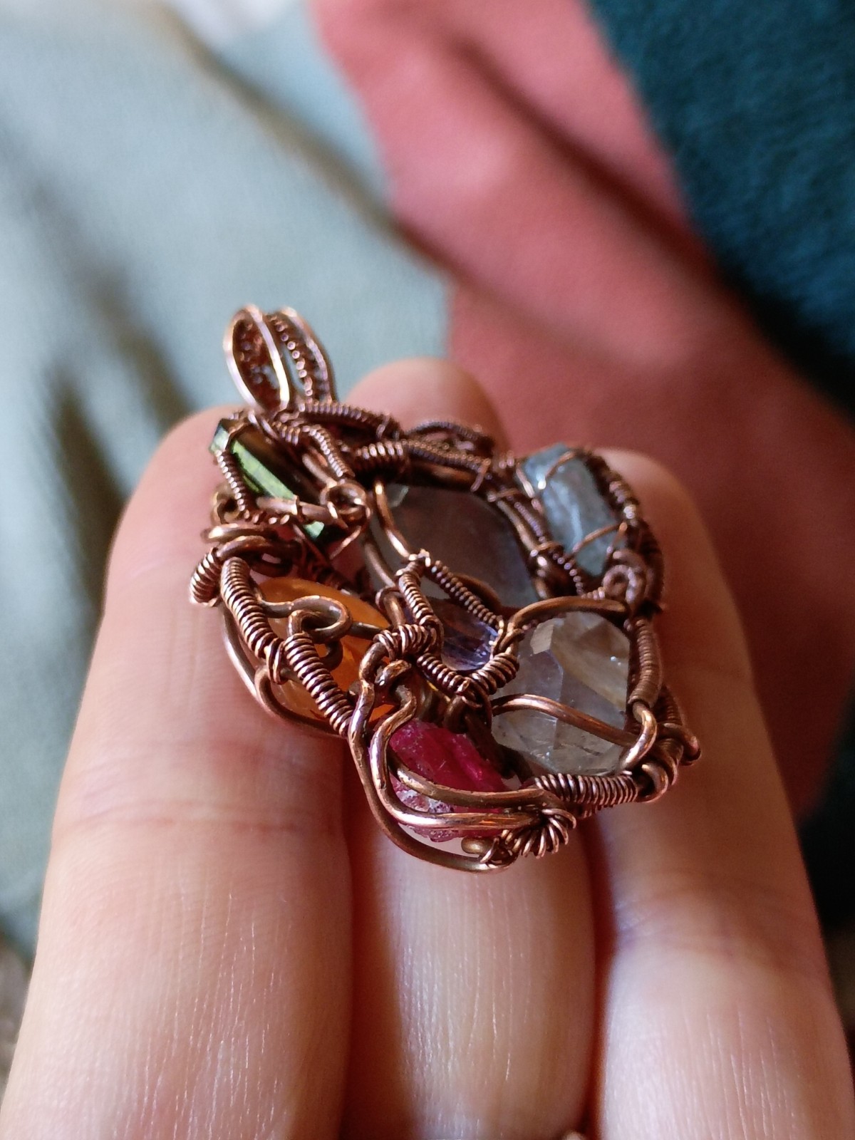 Multicolor Multiple Gem Stone Pendant Necklace Copper Wirewrap Amulet