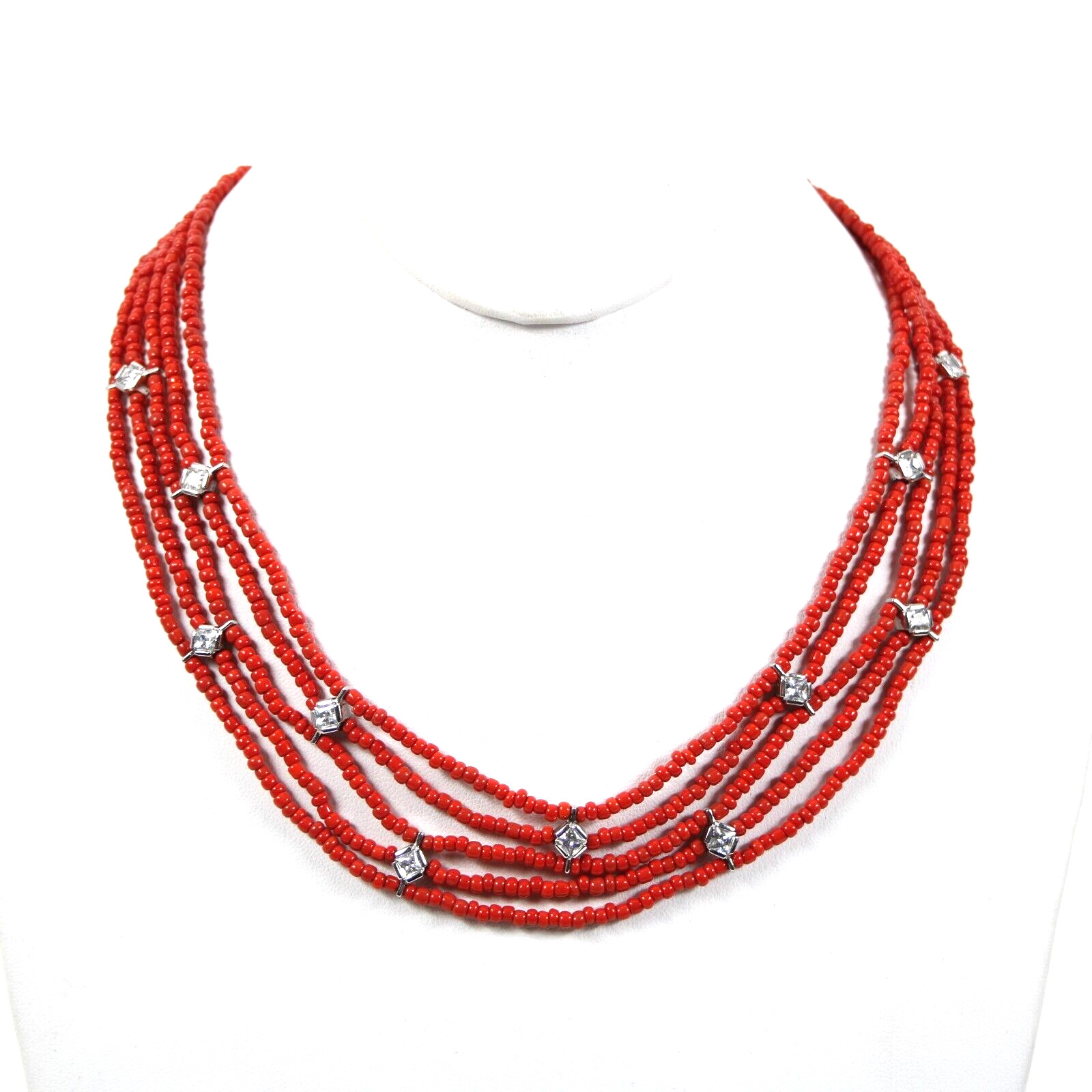 Sterling Silver Red Beaded CZ Multi Layer Hook And Eye Closure 17″ Necklace