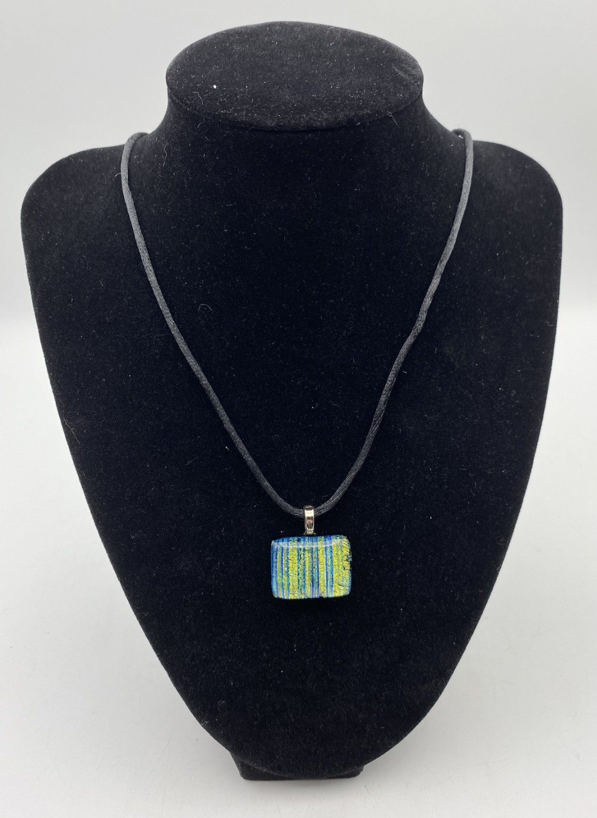 Artisan Dichroic Glass Necklace Rectangle Blue Green Gold Black Cord