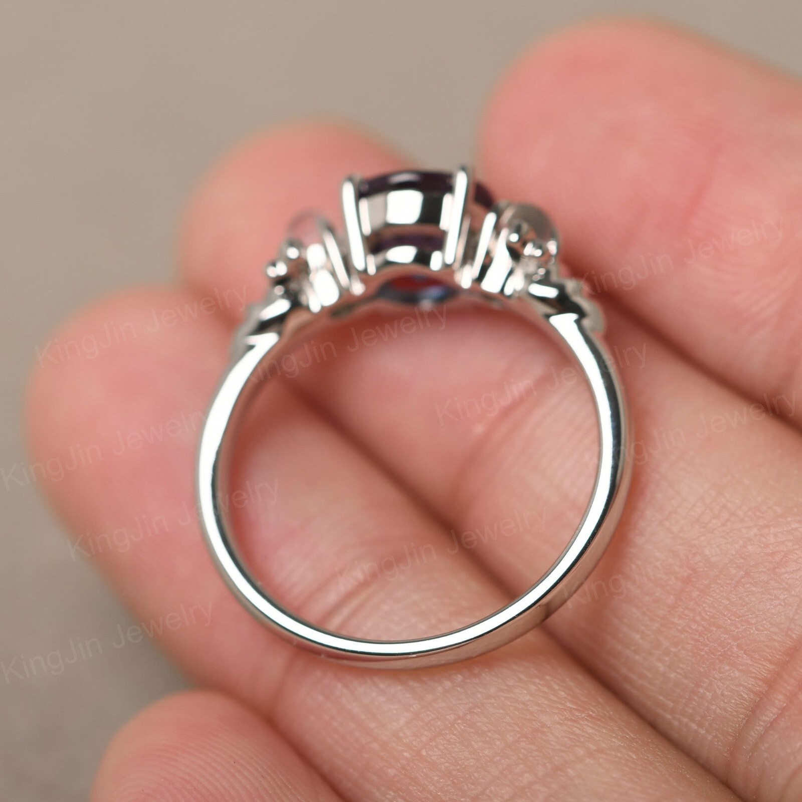 Custom 3 Stones Silver lab created Alexandrite color change and Moonstone Ring