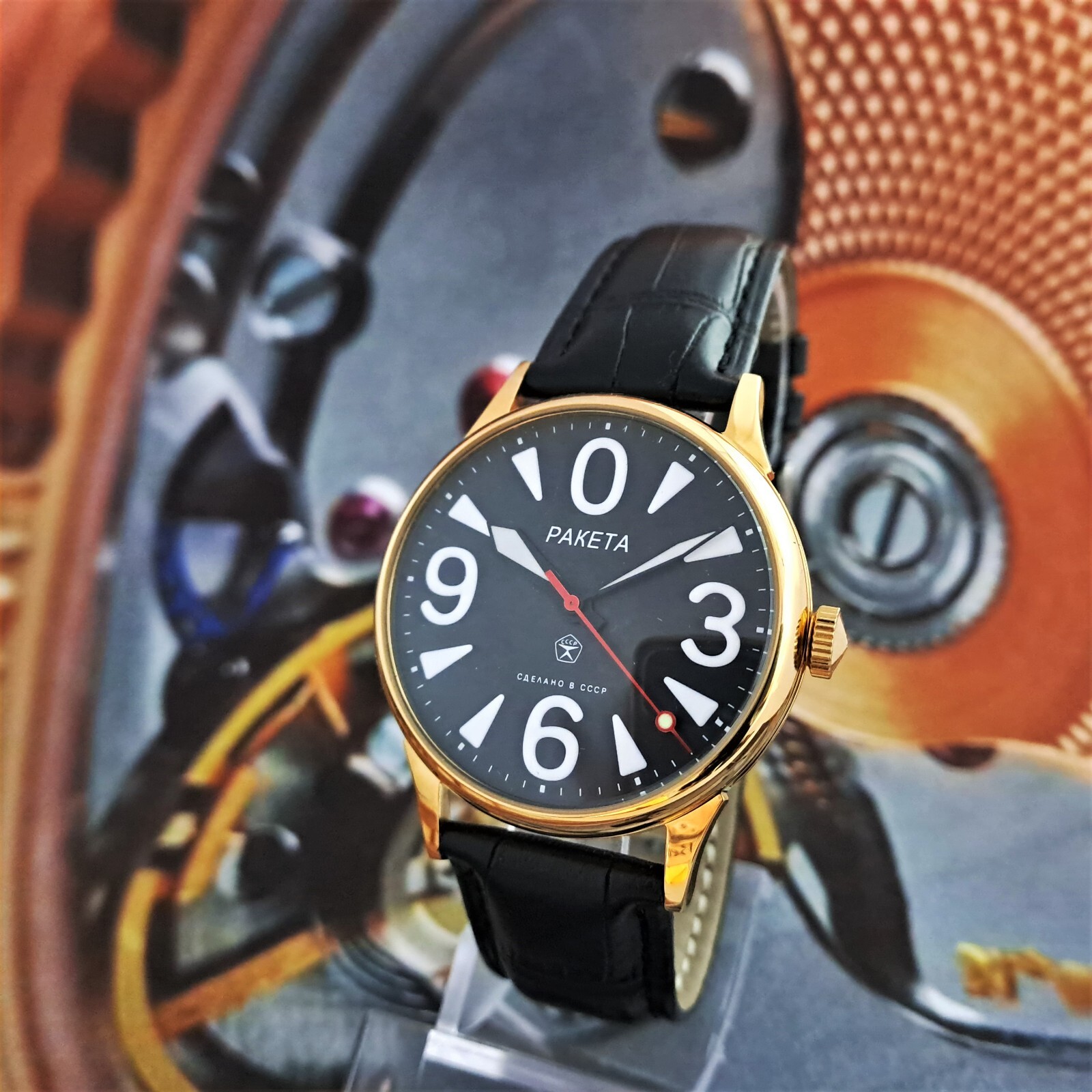 Vintage Watch USSR RAKETA Big Zero Black Dial Wristwatch Mechanism 2609.HA Gold