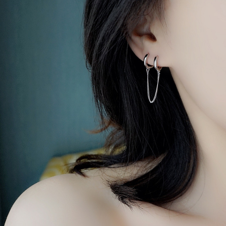 A Pair Chain Linked Sterling Silver Plated Huggie Hoop Earrings 2 Ear Holes F7