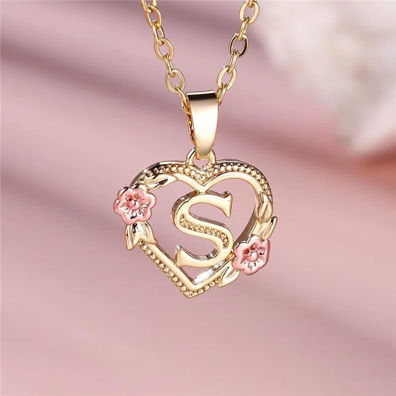 Gold Initial Letter Flower Pendant Necklace For Women Girls A-Z Alphabet Gift