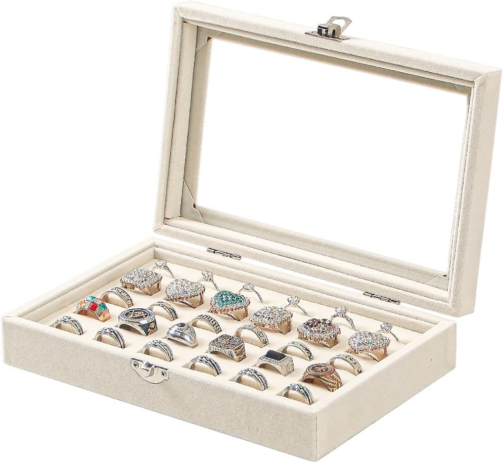 Ring Display Box 100 Slots with Glass Top Lid, Black Jewelry Storage Case