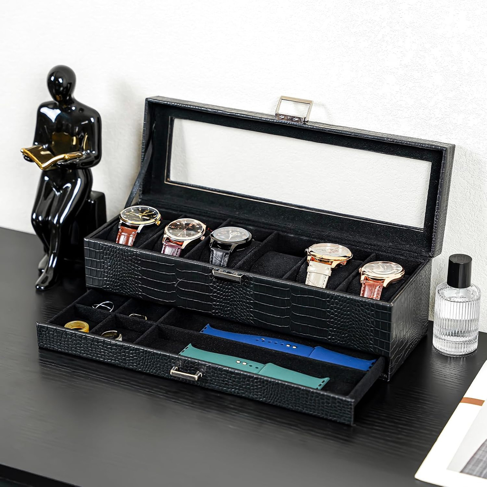 Watch Display Box with Drawer, Lizard Black PU Leather, 6 Slots, 2-Layer Jewelry
