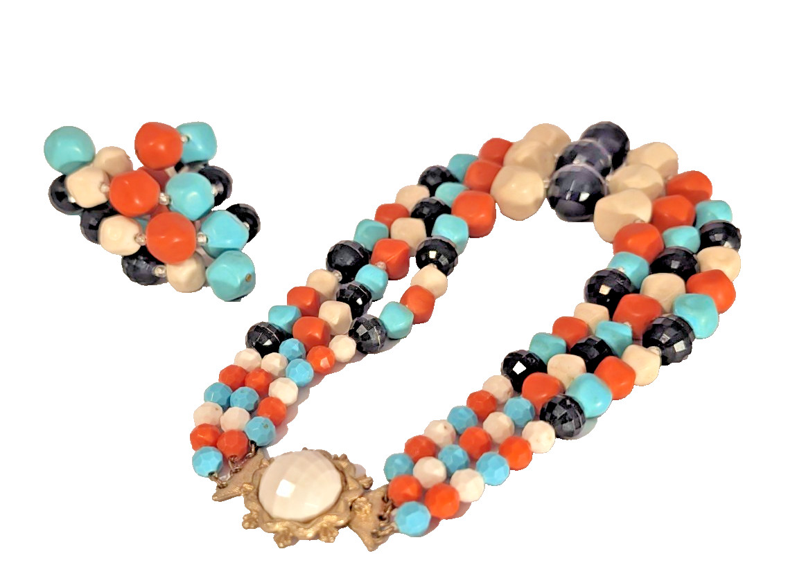 Vintage Multi-Color MCM 3 Strand Beaded Necklace & Single Strand Wrap Bracelet