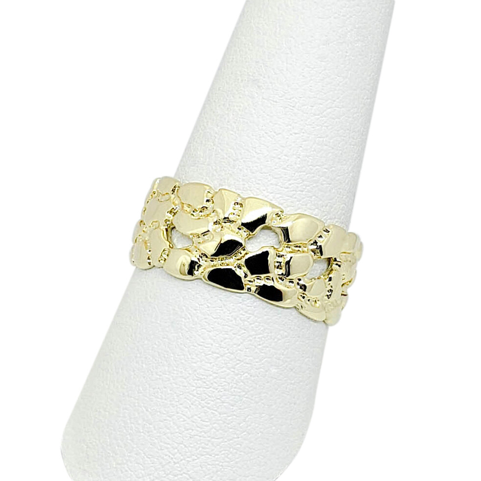 Solid 10K Yellow Gold Mens Nugget Band, 9mm Gold Nugget Ring, Size 5 – 15