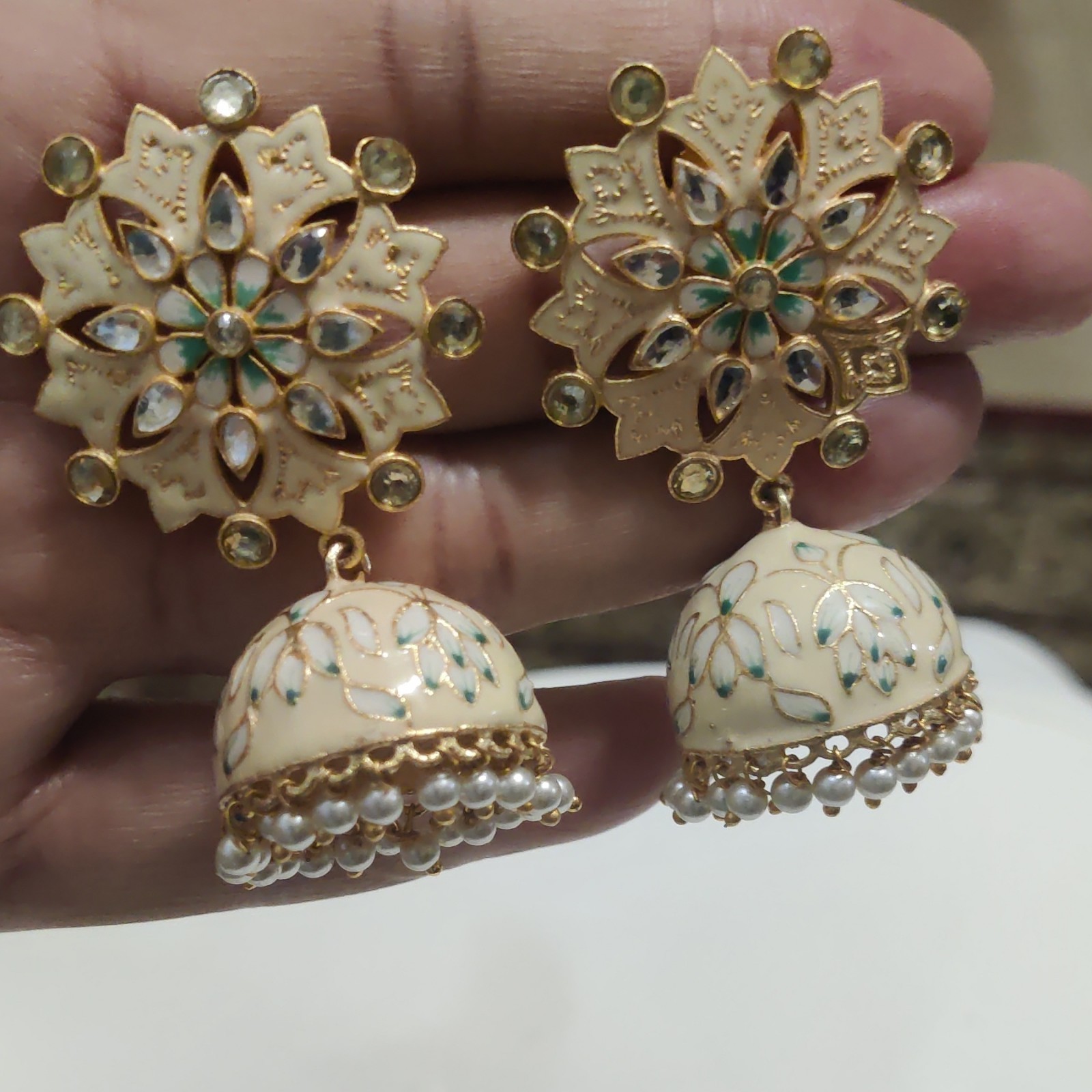 Gold Plated Flower Jhumka Dangle Earrings, Enamel Simulated Pearl Rhinestone