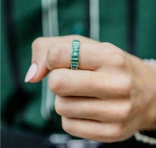 Lab Created Green Emerald Full Eternity Wedding Band Ring 14K White Gold Plated