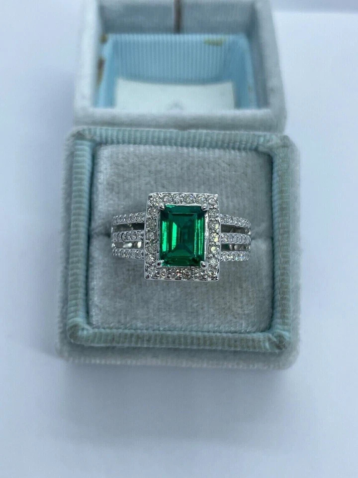 2.00Ct Lab Created Emerald Halo Engagement Ring 14K White Gold Plated