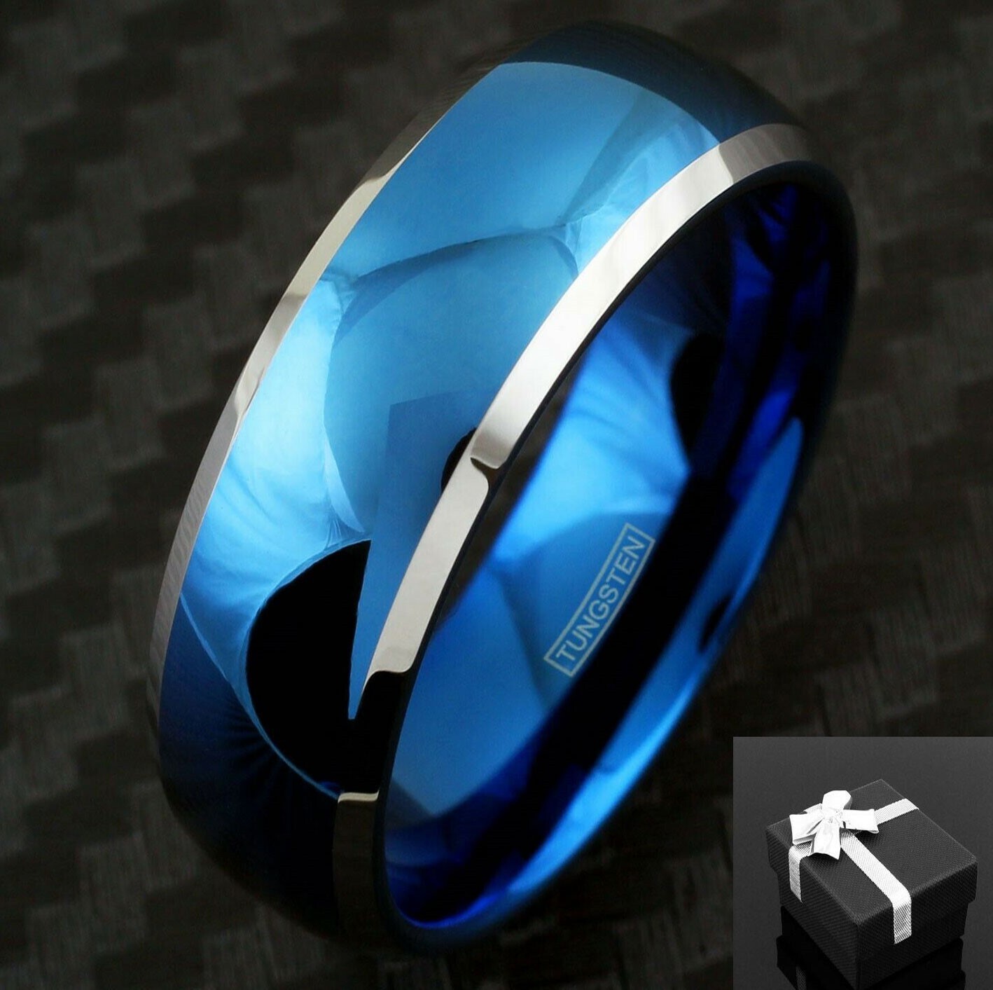 8mm Tungsten Carbide Men’s Blue Domed with Beveled Silver Edge Wedding Band Ring
