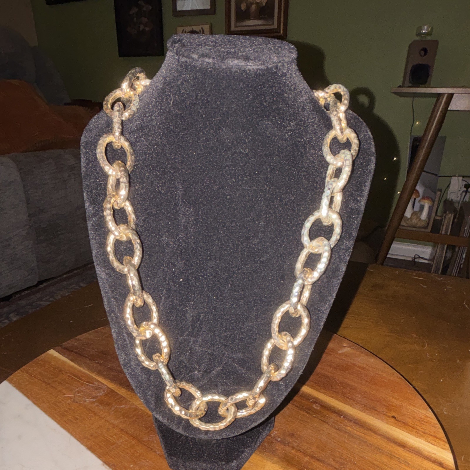 Gold Tone Oval Link Chain Statement Necklace, Metal, Adjustable Extender
