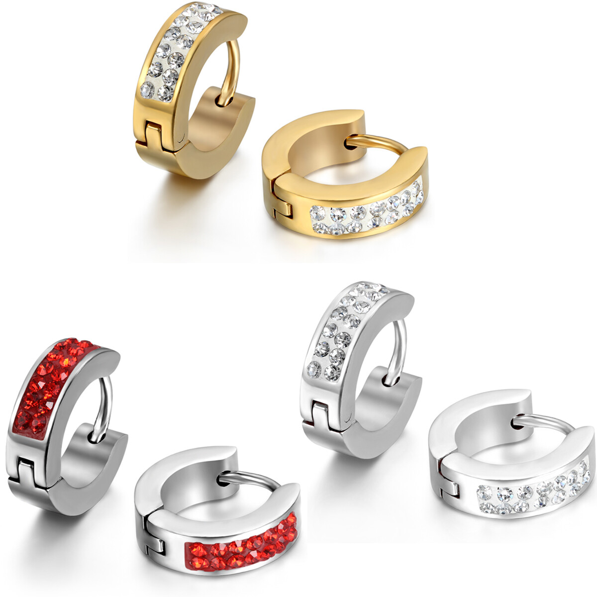 Men’s Women’s Unisex Stainless Steel Rhinestone Charm Hoop Huggie Earrings 2PCS