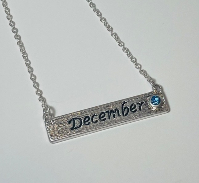 Personalized December Birthstone Necklace Bar Pendant Dainty Silver Plated