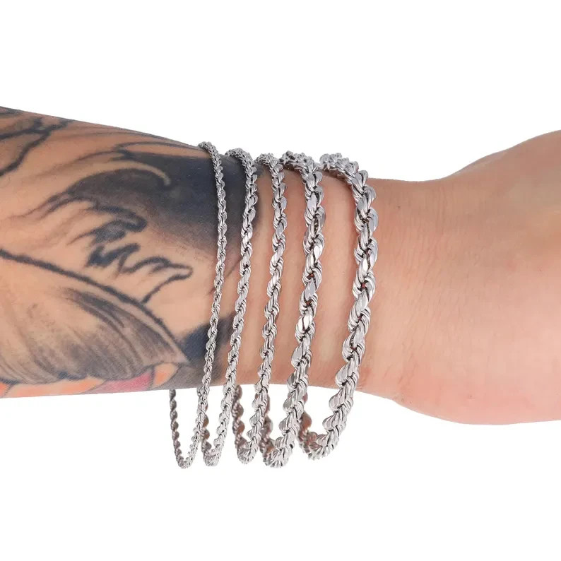 10K White Gold Rope Chain Bracelet Diamond Cut Real Gold 2mm-5mm 7-9in Unisex