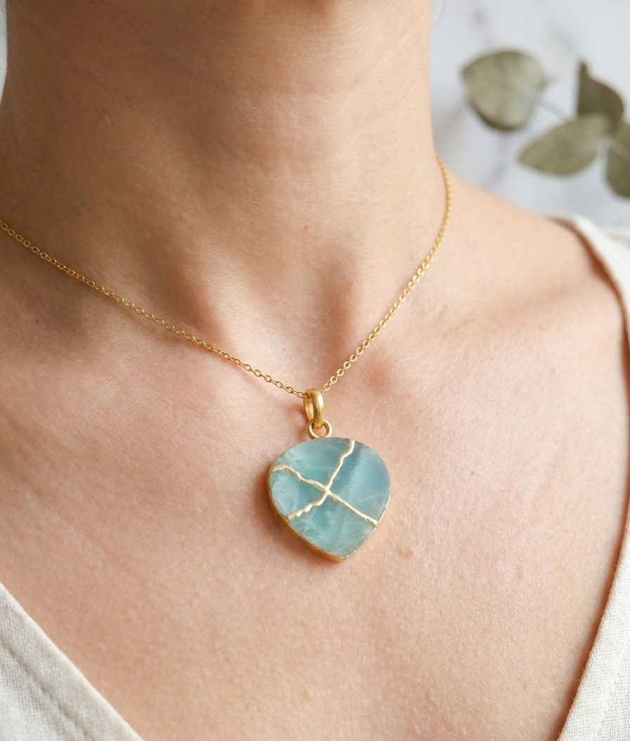 Aquamarine Kintsugi Art Japanese Jewelry Broken Pendant Handmade Repair Gift Her