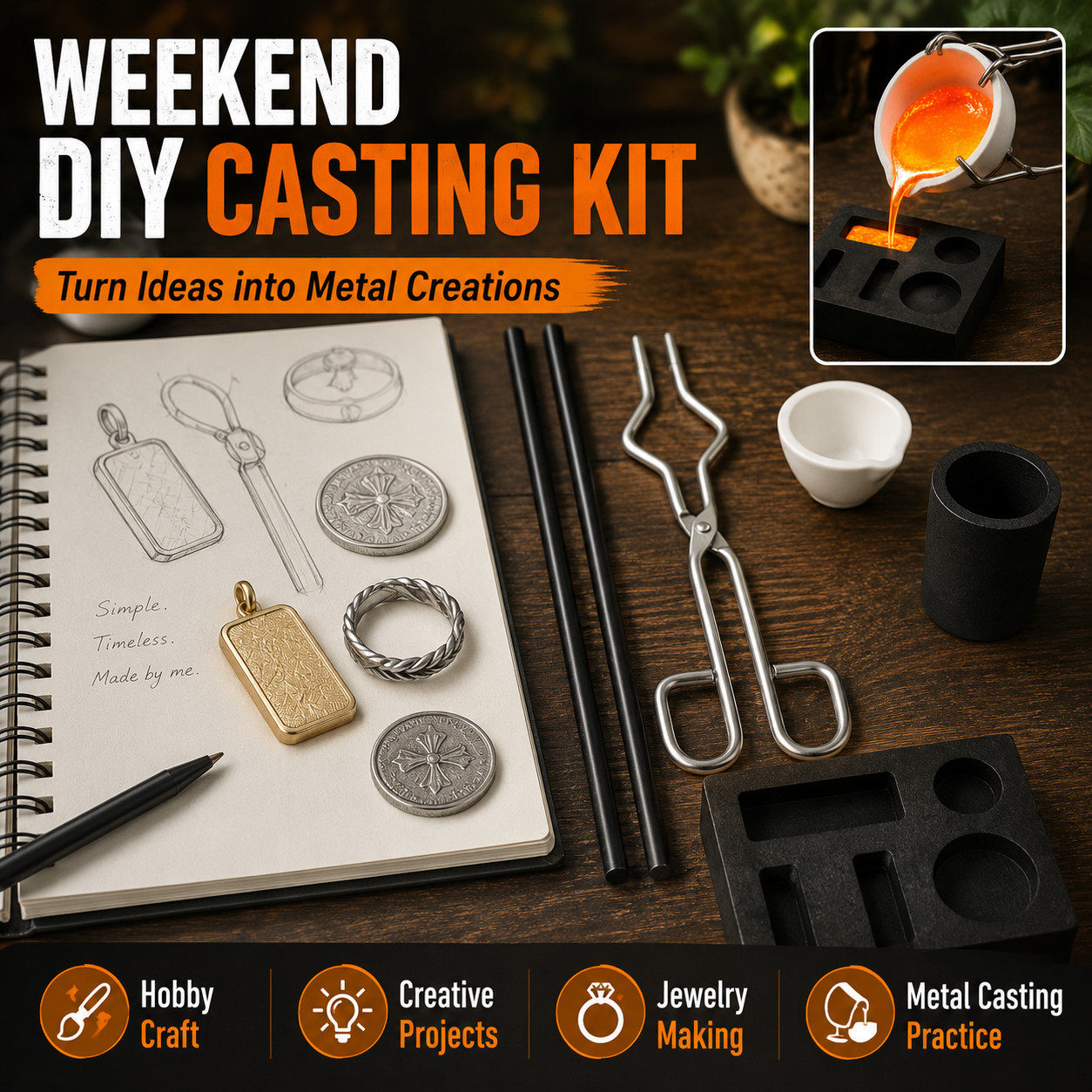 Graphite Casting Mold and Crucible Combo Kit 6PCS for Gold Silver Copper Melt